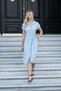 Women's Jacquard Off-Shoulder Gathered Waist Midi Dress with Pockets-Blue - 3