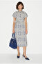 Women's Navy Blue 100% Linen Embossed Patterned Elastic Waist Belted Midi Dress 6788 60286415 - 3
