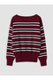 Vizyon New Season Burgundy Boat Neck Striped Women's Knitwear Sweater - 7