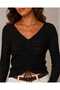 Women's White V-Neck Front Adjustable Gathered Openwork Long Sleeve Knitwear Blouse - 2