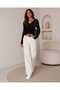 Women's White V-Neck Front Adjustable Gathered Openwork Long Sleeve Knitwear Blouse - 4