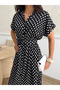 Women's Short Sleeve Belt Detailed Polka Dot Patterned Viscose Shirt Dress - 3