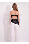 Women's Black Back Detailed Flocked Printed Asymmetrical Tulle Blouse App3000 - 3