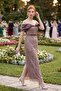 Women's Tan Slim Fit Boat Neck Midi Beaded Evening Dress - 5