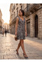 Women's Black Colorful Patterned V-Neck Sleeveless Skirt with Ruffle Detail Viscose Elastane Relax Dress - 6