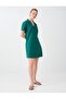Dark Green Shirt Collar Cotton Linen Short Dress - 4