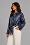 Women's Satin Look Striped Long Sleeve Oversize Shirt - Navy Blue - 2