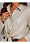 Women's Satin Look Striped Long Sleeve Oversize Shirt - Stone - 3