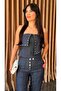 Women's Dark Navy Strapless Button Detail Denim Bustier and Palazzo Trousers Two Piece Set 8056 - 4