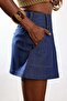 Navy Blue Contrast Stitched Pleated Denim Skirt 4531 - 6