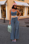 Bohemian Detailed Denim Bustier Wide Leg Pants Double Set 10350 - 2