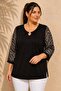 Women's Plus Size Sleeve Patterned Tulle Collar Hollow Out Pearl Accessory Wide Three-Quarter Sleeve Stretchy Viscose Blouse - 7