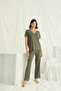 Dantelli Çeyizlik Women's Khaki Viscose 2-Piece Pajama Set - V-Neck Short Sleeve Stylish Plus Size Homewear Set