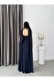 Navy Blue Strapless Floral Stone Embroidered Long Evening Dress with Shawl Detail - 7