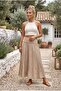 Beige Lined Foldable Fabric Waist Casual Cotton Long Woven Skirt 95 65 - 4