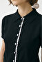 Polo Collar Front Buttoned Lace Trim Slim Knitwear Blouse - 3