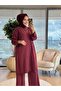 7107 Long Tunic Linen Set with Side Buttons Plum