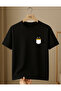 Mini Cat Printed 100% Cotton Crew Neck Regular Unisex Black T-Shirt