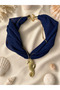 Navy Blue Scarf Necklace with Seahorse Pendant |   Bohemian Summer Women's Necklace with Gold Color Chain Detail - 2