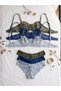 3-Piece Lace Bra Set Blue Navy and Khaki Brazilian Panty Women's Lingerie Set