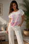40 Size O-Neck Lace Detailed Red Striped Women's Blouse T-Shirt Casual Stylish Summer Top