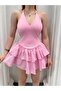 Women's Pink Halter Neck Layered Ruffle Shorts Mini Dress Dcf271 - 2