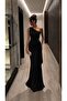 Black One-Shoulder Draped Long Evening Dress with Buckle Accessories 583423