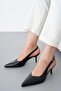 Black Leather Open Back Thin Heel Stiletto Pointed Toe Women's Heeled Shoes - 7
