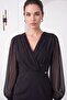 Women's Black Double-Breasted Collar Chiffon Sleeve Midi Event Dress - 3