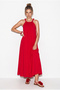 Women's Red Beaded Strap Detailed Halter Neck Pocket Detailed Flowy Maxi Dress 2804 60286395 - 4