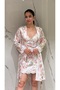 2 Piece Dowry Satin Short Nightgown and Dressing Gown Set Romantic Floral Patterned Belted Ends and Sleeves Ruched Bridal Set - 3