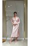 2 Piece Women's Satin Lace Detailed Long Dressing Gown and Nightgown Set Dowry Dress with Slit Shoulder Sleeves and Slit Lace Detail - 4