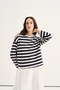 Women's Short Basic Long Sleeve Sweatshirt Navy Blue Striped - 2