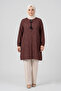 Women's Geometric Speckled Patterned Crew Neck Lace-Up Woven Viscose Tunic