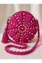 Pearl Embellishment Detailed Round Macaron Straw Fuchsia Pink Color Bag / Handmade Bohemian Crossbody Bag - Hand Knitted Embroidered - 3
