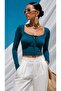 Long Sleeve Square Neck Gathered Detailed Crop Blouse 582376 Emerald - 3