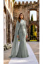 Stone Embellished Cape Detailed Special Evening Dress