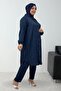 67063 Plus Size Jacquard Strawberry Trousers Set with Side Slit Detail - Navy Blue