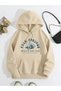 Women's Beige Palm Springs Surf Printed 3 Thread Hooded Hoodie Sweatshirt - 3