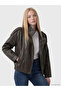 Brown Stand Collar Women's Leather Look Coat