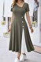 Women's Short Sleeve Asymmetrical Collar Button Detailed Midi Viscose Dress