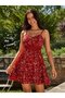 Women's Rope Strap V-Neck Short Patterned Single Jersey Dress - 3