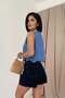 Women's Blue Blouse V-Neck Sleeveless Embroidered Buttoned Crop Top with Wavy Hem - 4