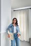 Women's Blue Denim Jacket with Knitwear Trim, Shirt Collar, Buttoned Pocket Detail, Long Sleeves - 2