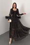 Women's Black Maxi Dress Square Collar Stone Striped Lace Detailed Polka Dot