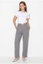 Women's Gray Buckle High Waist Pleated Detailed Straight Leg Fabric Trousers 60286452
