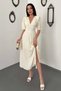 Women's Yellow Polka Dot V-Neck Gipeli Balloon Sleeve Slit Midi Dress - 2
