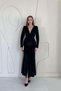 Women's Black Velvet Look V-Neck Rose Detailed Slit Maxi Dress