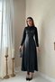 Women's Black Heart Collar Faux Leather Detailed Long Sleeve Flared Midi Dress - 2
