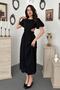 Women's Black Midi Dress with Balloon Sleeves, Belted Waist, Low-Cut and Textured